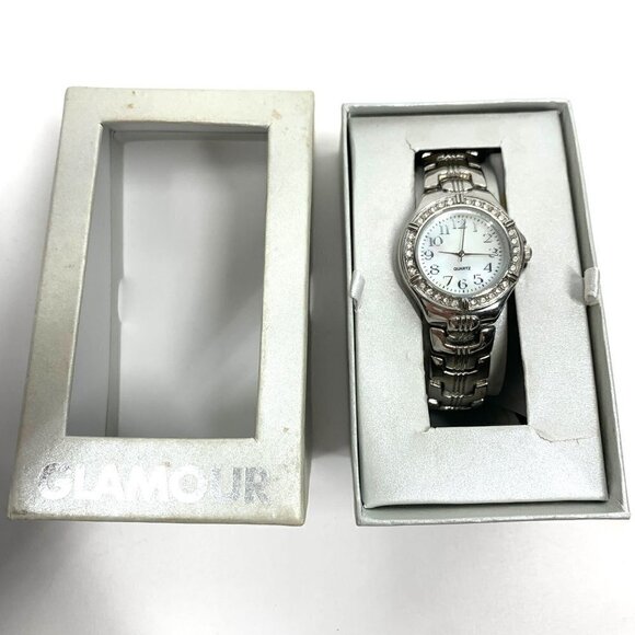 Glamour Bracelet Style Analog Watch With Crystals & Mother of Pearl Face Silver - Picture 3 of 13
